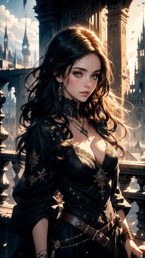 
A beautiful adventuress , gothic clotes standing on to of the tower overlooking a big city. Luis Royo, Grzegorz Rosiński, detailed background, dark fantasy, comic illustration, masterpiece, realistic