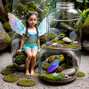An full body, tiny, shink down to size incredibly ultra realistic beautful girl, captured in a terrarium jar, with bealtiful eyes, colorful long braided hairstyles, with colorful wings, sitting on a white stone , amidst its enchanting aura, the presence of moss and the creation of a micro ecosystem add to the magical ambiance. colorful, vibrant color grading, ultra realistic,Masterpiece