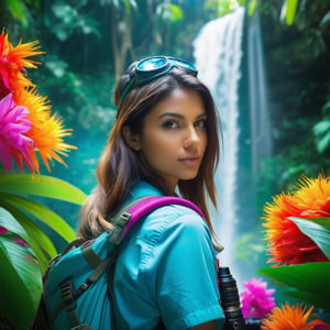 create an image of a half body close up portrait of a beautiful colorful girl with explorer gear, next to a waterfall in a tropical forest, sourding by lotso of bright vivid glowing colorful flowers, ultra HD, vivid color, hazey blue depth of field
