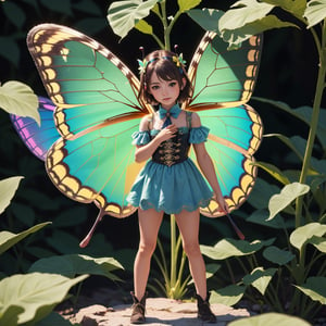 (best quality, 4k, 8k, highres, masterpiece:1.2), ultra-detailed, realistic, macro, photography, full body, close up portrait of a tiny fairy, standing in front of a butterfly, 