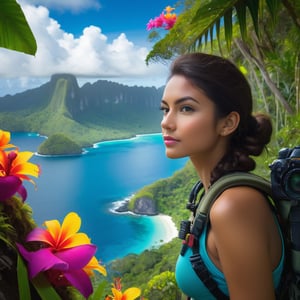 create an image of a half body close up portrait of a beautiful girl on a clift, with explorer gear, in a tropical forest, sourding by lotso of bright vivid glowing colorful flowers, from an elevated vantage point, observing a cluster of petite tropical islands adorned with towering summits, ultra HD, vivid color, hazey blue depth of field