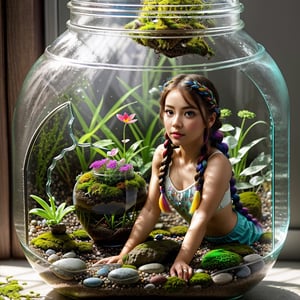 An full body tiny shink down to size incredibly ultra realistic beautful girl, captured in a terrarium jar, with bealtiful eyes, colorful long braided hairstyles, with colorful wings, sitting on a white stone in a terrarium jar, amidst its enchanting aura, the presence of moss and the creation of a micro ecosystem add to the magical ambiance. colorful, vibrant color grading, ultra realistic,Masterpiece