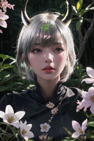 full body, masterpiece, high quality, realistic aesthetic photo, pore and detailed, intricate detailed, graceful and beautiful textures,16K, sharp forcus,( realistic rain forest, tallwhite trees, glowing flowers landscape background), beautiful face girl, golden hair, deailed black curve under horns, detailed cool face, eye shadow, shinny black-lips, white fair skin,Beautiful,a Girl,ayaka_genshin