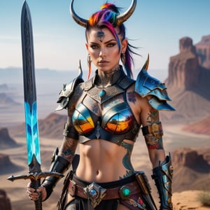 A beautiful female warrior holding a sword, with lots of tattoos, with colorful glass horns, untra realistic. standing on a cliff, overlooking a desert with giants
robots, 32k, extra realistic, close up shot