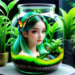 An incredibly ultra realistic beautful girl, captured in a terrarium jar, with bealtiful eyes, green long braided hairstyles, with colorful wings, sitting on a white stone in a terrarium jar, amidst its enchanting aura, the presence of moss and the creation of a micro ecosystem add to the magical ambiance. colorful, vibrant color grading, ultra realistic
