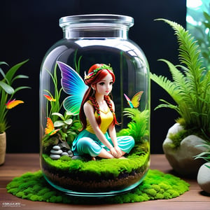 An full body tiny shink down to size incredibly ultra realistic beautful girl, captured in a terrarium jar, with bealtiful eyes, colorful long braided hairstyles, with colorful wings, sitting on a white stone in a terrarium jar, amidst its enchanting aura, the presence of moss and the creation of a micro ecosystem add to the magical ambiance. colorful, vibrant color grading, ultra realistic