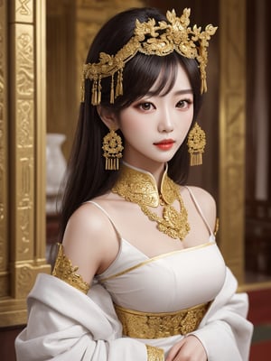 A beautiful sexy donghua girl standing in a grand ancient ancestral golden hall from the Huishan area, wear beautiful white and golden eligant clothing from that era, close-up, ultra-realistic, 16k