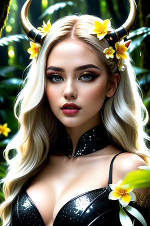 half body, masterpiece, high quality, realistic aesthetic photo, pore and detailed, intricate detailed, graceful and beautiful textures,16K, sharp forcus,( rain forest with tall white glowing trees, gloowing colorful flowers, fantasy landscape background), beautiful face girl, golden hair, deailed black curve under horns, detailed cool face, eye shadow, shinny black-lips, white fair radiant skin,Beautiful,