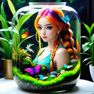 An incredibly ultra realistic beautful girl, shink down to size, captured in a terrarium jar, with bealtiful eyes, colorful long braided hairstyles, with colorful wings, sitting on a white stone in a terrarium jar, amidst its enchanting aura, the presence of moss and the creation of a micro ecosystem add to the magical ambiance. colorful, vibrant color grading, ultra realistic