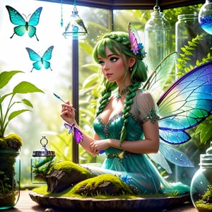An incredibly ultra realistic beautful fairy, captured in a terrarium jar, with bealtiful eyes, green long braided hairstyles, with colorful wings of grasshopper wings, sitting on a white stone in a terrarium jar, amidst its enchanting aura, the presence of moss and the creation of a micro ecosystem add to the magical ambiance. colorful, vibrant color grading, bokeh, epic fantasy