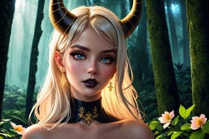 halfl body, masterpiece, high quality, realistic aesthetic photo, pore and detailed, intricate detailed, graceful and beautiful textures,16K, sharp forcus,( rain forest with tall white glowing trees, gloowing colorful flowers, fantasy landscape background), beautiful face girl, golden hair, deailed black curve under horns, detailed cool face, eye shadow, shinny black-lips, white fair skin,Beautiful,