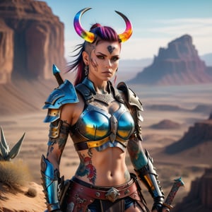 A beautiful female warrior holding a sword, with lots of tattoos, with colorful glass horns, untra realistic. standing on a cliff, overlooking a desert with giants
robots, 32k, extra realistic, close up shot