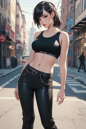 very clear and precise images, 1girl, very beautiful and excellent, punk fashon, black pants, street, summer, (illustration), (masterpiece:1.3), ((top quality, 8k, ultra-detailed)), (photorealistic:1.4), perfect anatomy, looking at viewer, cinematic angle