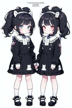 Comparison of twin girls, very cute, equally side by side, candypop style, white background with explanatory text, from the illustrated book, ((masterpiece, best quality, 8k, ultra-detailed))