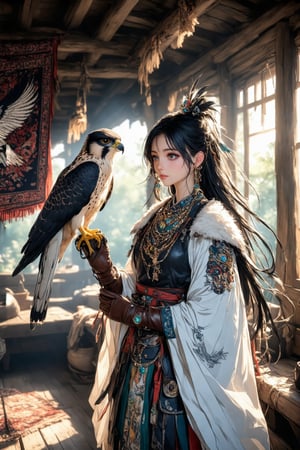 anime, (ink outline:1.4), fine detail rendered, color, 1girl, (((adorable, cute, kawaii))), standing, She wears leather gloves, The falconer's girlfriend has a falcon perched on her hand, The falcon has a very beautiful and dignified look, She gazes at the falcon with a tender expression on her face, black hair, long hiar, delicate and smooth hair, moist and taut skin, northern ethnic costumes with very elaborate and unusual patterns, bird feathers and animal fur are also used in the costumes, jewelry made of various gemstones with magnificent workmanship, The tapestry hanging on the wall is embroidered with a brave and splendid symbol of the falcon of the northern tribes, BREAK, The room is very dark and the only light is the sunlight coming in through the window, fantastic, mysterious, most fashionable, most stylish, (dark background, detailed background, every detail is rendered in superb detail), perfect composition, masterpiece, best quality, 8k, ultra-detailed, very clear, perfect anatomy, anatomically correct hands, beautiful face, beautiful eyes, detailed eyes, beautiful hair, detailed hair