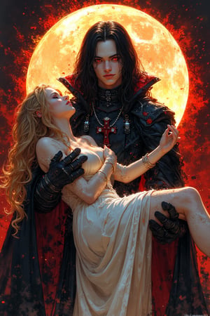 ink outline, fine detail rendered, color, dark fantasy, horror style, The primordial vampire. Standing backlit against a full moon. He is a young man with long black hair and a very beautiful face, but his skin is pale, his eyes are glowing red, and two fangs are visible in his eerily smiling mouth. He wears a black cloak and pitch black clothing that resembles armor. He is holding a beautiful woman with long blond hair and a gorgeous white dress by both arms. The woman seems to be unconscious, bloody full moon, fantastic, mysterious, most fashionable, most stylish, dark background, detailed background, every detail is rendered in superb detail, perfect composition, masterpiece, best quality, 8k, ultra-detailed, very clear, perfect anatomy, anatomically correct hands, beautiful face, beautiful eyes, detailed eyes, beautiful hair, detailed hair, fantasy girl