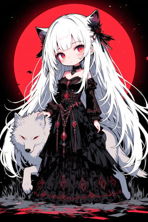 ink outline, fine detail rendered, color, horror style, 1girl, vampire princess, chibi, beautiful, adorable, cute, kawaii, standing, full body, She has a big wolf with her, she gently nudges the wolf, looking at viewer, white hair, very long hair, gorgeous black dress, stunningly crafted jewelry, red full moon, most fashionable, most stylish, dark background, detailed background, every detail is rendered in superb detail, perfect composition, masterpiece, best quality, 8k, ultra-detailed, very clear, perfect anatomy, anatomically correct hands, beautiful face, beautiful eyes, detailed eyes, beautiful hair, detailed hair, fantasy girl, Hand