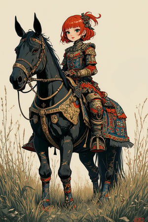 ink outline, fine detail rendered in ink, the most fashionable, vivid, colorful, 1girl, 16 years old, cute, beautiful, red hair, short hair, on horseback, black horse, armor of never-before-seen decoration of northern peoples, boots, full body, stunningly crafted ornaments, grasslands, detailed background, fantastic, mysterious, perfect composition, masterpiece, best quality, 8k, ultra-detailed, very clear, perfect anatomy, detailed eyes, anatomically correct hands, detailed hair, delicate hair expression, detailed eyes, beautiful face, beautiful eyes,ct-identityV2