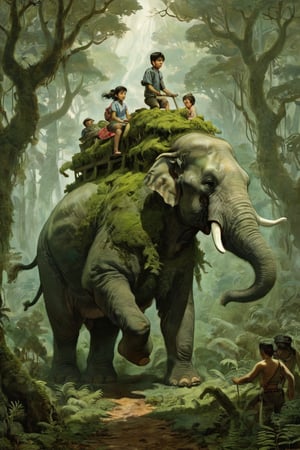 very clear and precise images, An old man and a little girl riding on the back of a giant beast that is moving through the sea of trees in another world. The Gigantic Beast is elephant-like in color and appearance, but has no nose. The eyes are hidden by drooping skin. The body of the Gigantic Beast is covered with moss, indicating that it has lived a considerable number of years. Behind the old man and the girl is a pile of equipment to continue their journey, (official illustration:1.4), (masterpiece:1.3), ((highest quality, 16k, ultra-detailed))