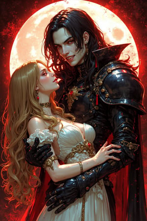 ink outline, fine detail rendered, color, dark fantasy, horror style, The primordial vampire. Standing backlit against a full moon. He is a young man with long black hair and a very beautiful face, but his skin is pale, his eyes are glowing red, and two fangs are visible in his eerily smiling mouth. He wears a black cloak and pitch black clothing that resembles armor. He is holding a beautiful woman with long blond hair and a gorgeous white dress by both arms. The woman seems to be unconscious, bloody full moon, fantastic, mysterious, most fashionable, most stylish, dark background, detailed background, every detail is rendered in superb detail, perfect composition, masterpiece, best quality, 8k, ultra-detailed, very clear, perfect anatomy, anatomically correct hands, beautiful face, beautiful eyes, detailed eyes, beautiful hair, detailed hair, fantasy girl