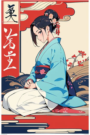 very clear and precise images, 1girl, sitting, side shot, kimono, very beautiful and excellent, arms at sides, (Japanese style), (art poster:1.4), (artistic background:1.4), (illustration:1.4), (masterpiece:1.3), ((top quality, 8k, ultra-detailed)), perfect anatomy, looking at viewer