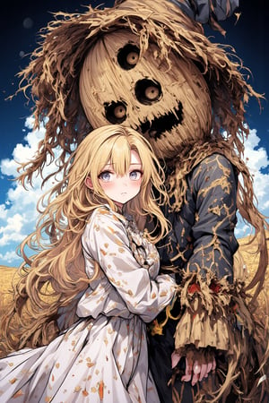 ink outline, fine detail rendered, colorful, horror style, 1girl, adorable, cute, kawaii, standing by a creepy scarecrow, snuggled up to a creepy scarecrow, long blonde hair, sad, white dress, creepy scarecrow wearing tattered clothes and a straw hat with black holes where the eyes and mouth should be, wheat field, blue sky and white clouds, fantastic, mysterious, most fashionable, most stylish, dark background, detailed background, every detail is rendered in superb detail, perfect composition, masterpiece, best quality, 8k, ultra-detailed, very clear, perfect anatomy, anatomically correct hands, beautiful face, beautiful eyes, detailed eyes, beautiful hair, detailed hair,anime,Hand