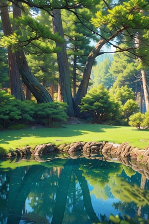 ((masterpiece, best quality, 8k, ultra-detailed, photo-realistic)), black pine growing in a pond, (incredibly detailed foliage, The texture of the trunk is incredibly detailed, The boldly undulating trunks, Large spreading branches), Mossy soil, The reflection of the water surface is very beautiful, cinematic lighting, cinematic shadows, fantastic, mysterious