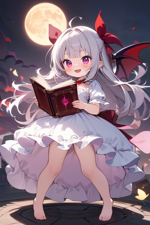 1girl, vampire princess, (ultimately adorable:1.4), (incredibly cute:1.4), (super kawaii:1.4), (evil smile), white dress, barefoot, magic book in hand, before the big full moon, full body, (masterpiece:1.3), ((highest quality, 8k, ultra-detailed)), perfect anatomy, detailed eyes, anatomically correct hands, very clear and precise images, (official illustration:1.4)