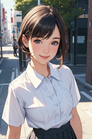 very clear and precise images, 1girl, very beautiful and excellent, smile, white short-sleeved shirt, black pleated skirt, street, summer, (illustration), (masterpiece:1.3), ((top quality, 8k, ultra-detailed)), (photorealistic:1.4), perfect anatomy, looking at viewer, cinematic angle