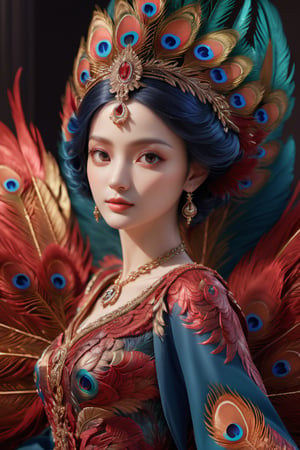 (masterpiece:1.3), perfect anatomy, A red peacock girl with its wings outstretched in richly-colored feathers, Polarized dress, stylish pose, ((highest quality, 16k, ultra-detailed, super-realism, photo-realistic)), Incredibly beautiful, detailed skin, detailed eyes