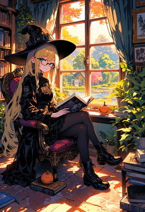 ink outline, fine detail rendered, color, horror style, a witch girl, adorable, cute, kawaii, full body, wide shot, The witch in black has very long blond hair, wears glasses, blue eyes, a black mini-length dress, black pantyhose, boots. A black witch is sitting in an antique chair by the window of a quaint room, reading a book. From the window, she can see a pond surrounded by beautifully colored trees. There are several unusual houseplants in the room and pictures on the walls. The bookshelf holds many books. There's one haunted pumpkin figurine on the floor. Warm afternoon sunlight shines through the window. The black witch is happily enjoying her afternoon. stunning embroidered dress, stunningly crafted jewelry, full body, fantastic, mysterious, most fashionable, most stylish, detailed background, every detail is rendered in superb detail, perfect composition, masterpiece, best quality, 8k, ultra-detailed, very clear, perfect anatomy, anatomically correct hands, beautiful face, beautiful eyes, detailed eyes, beautiful hair, detailed hair