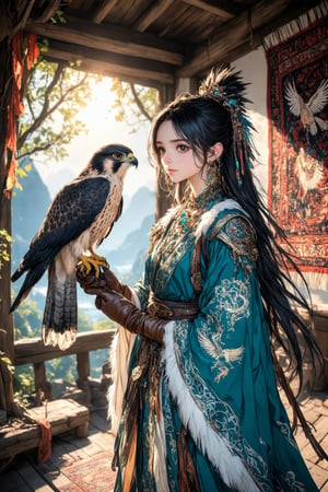 anime, (ink outline:1.4), fine detail rendered, color, 1girl, (((adorable, cute, kawaii))), standing, She wears leather gloves, The falconer's girlfriend has a falcon perched on her hand, The falcon has a very beautiful and dignified look, She gazes at the falcon with a tender expression on her face, black hair, long hiar, delicate and smooth hair, moist and taut skin, northern ethnic costumes with very elaborate and unusual patterns, bird feathers and animal fur are also used in the costumes, jewelry made of various gemstones with magnificent workmanship, The tapestry hanging on the wall is embroidered with a brave and splendid symbol of the falcon of the northern tribes, BREAK, The room is very dark and the only light is the sunlight coming in through the window, fantastic, mysterious, most fashionable, most stylish, (dark background, detailed background, every detail is rendered in superb detail), perfect composition, masterpiece, best quality, 8k, ultra-detailed, very clear, perfect anatomy, anatomically correct hands, beautiful face, beautiful eyes, detailed eyes, beautiful hair, detailed hair