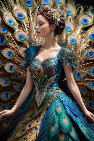 (masterpiece:1.3), perfect anatomy, A peacock girl with its wings outstretched in richly-colored feathers, Polarized dress, ballet, ((highest quality, 16k, ultra-detailed, super-realism, photo-realistic)), Incredibly beautiful, detailed skin, detailed eyes