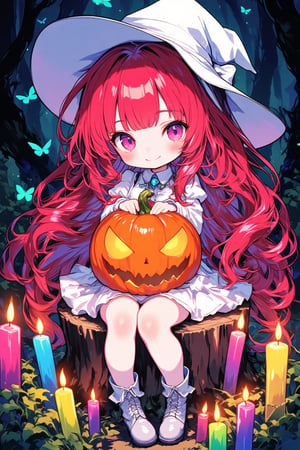 ink outline, fine detail rendered, colorful, horror style, 1girl, chibi, white witch, adorable, cute, kawaii, sitting on a stump, holding a haunted pumpkin with both hands, colorful candles lined up all around her, long red hair, smile, white witch's hat, white dress, boots, stunningly crafted jewelry, full body, deep forest, butterflies, fantastic, mysterious, most fashionable, most stylish, dark background, detailed background, every detail is rendered in superb detail, perfect composition, masterpiece, best quality, 8k, ultra-detailed, very clear, perfect anatomy, anatomically correct hands, beautiful face, beautiful eyes, detailed eyes, beautiful hair, detailed hair