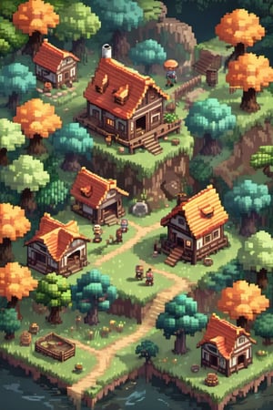 (masterpiece:1.3), best quality, game screenshot, pixel art game, rpg, village in the forest, cute character designs, many villagers, little animals, top view