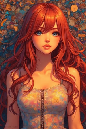 oil painting, beautiful woman, beautiful face, beautiful eyes, detailed eyes, beautiful skin, beautiful hair, delicate hair expression, red hair, long hair, long bangs, portrait, looking at viewer, languid, abstract and fractal and zentangle background, Super cool, perfect detail, incredible detail, ultimate detail, detailed background, masterpiece, best quality, 8k, ultra-detailed, very clear, perfect anatomy, extremely stylish, The most fashionable