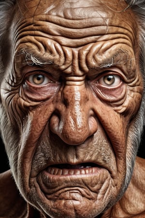 The old man glares at us angrily, His tanned and fearless face is very frightening, with many wrinkles carved, (facial close-up:1.4), (masterpiece:1.3), (highest quality, 16k, ultra-detailed, photo-realistic, super-realism, very clear and precise images), professional photography