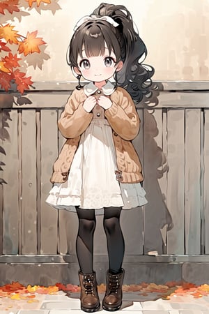 watercolor, 1girl, 10 years old, ((((adorable, cute, kawaii)))), fashion model, standing, in front of the wall, (full body:1.4), happy, black hair, ponytail, black eyes, mocha gray knit pullover, white skirt, black leggings, boots, street, street trees with autumn leaves, crisp autumn weather, detailed background, perfect composition, (masterpiece:1.3), ((best quality, 8k, ultra-detailed, very clear)), perfect anatomy, anatomically correct hands, detailed hair, delicate hair expression, detailed eyes, beautiful face, beautiful eyes, extremely stylish, The most fashionable, perfect hand description