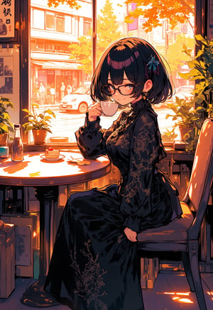 ink outline, fine detail rendered, color, horror style, 1girl, adorable, cute, kawaii, long black dress, full body, wide shot, A girl with short black hair and glasses is sitting in a stylish cafe. Holding a cup of coffee with both hands. On the table is a cup of coffee and a piece of cake. Outside the window is a busy street with autumn-leafed roadside trees, and people and cars are passing by. There are rare houseplants in the store and pictures on the wall. The warm afternoon sun shines through the windows. The woman is enjoying her afternoon with a happy smile. stunning embroidered dress, stunningly crafted jewelry, full body, fantastic, mysterious, most fashionable, most stylish, detailed background, every detail is rendered in superb detail, perfect composition, masterpiece, best quality, 8k, ultra-detailed, very clear, perfect anatomy, anatomically correct hands, beautiful face, beautiful eyes, detailed eyes, beautiful hair, detailed hair