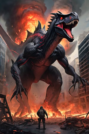 (masterpiece:1.3), ((highest quality, 16k, ultra-detailed, photo-realistic, super-realism)), Aerial drone shot of the central area of a huge city, A huge black monster is destroying the skyscrapers in the center of the city, Huge flames and black smoke are rising from the buildings, The dinosaur-like monster has bright red eyes, rugged black skin, a long tail, and walks on two legs, It is overwhelmingly vicious, An apocalyptic scene,exceptional detail, stunning detail, extremely elaborate, very dense, intense and sharp, very beautiful
