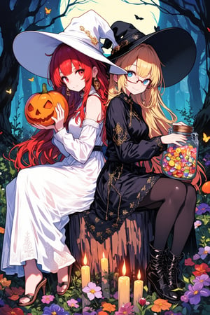 ink outline, fine detail rendered, colorful, horror style, Two witches, adorable, cute, kawaii, A witch in white and a witch in black are e sitting on stumps back to back, looking at us. The witch in white has very long red hair, red eyes, wearing a long white dress and a white witch's hat, sandals. The witch in black has very long blond hair, wears glasses, blue eyes, a black mini-length dress, black pantyhose and black boots. The white witch holds a haunted pumpkin with both hands, while the black witch holds a large jar full of candy. They are surrounded by colorful candles and flowers. They look very close and happy. stunning embroidered dress and witch's hat, stunningly crafted jewelry, full body, bluish-white full moon, deep forest, butterflies, fantastic, mysterious, most fashionable, most stylish, dark background, detailed background, every detail is rendered in superb detail, perfect composition, masterpiece, best quality, 8k, ultra-detailed, very clear, perfect anatomy, anatomically correct hands, beautiful face, beautiful eyes, detailed eyes, beautiful hair, detailed hair