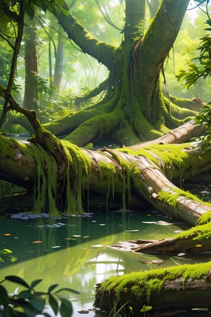 ((masterpiece, best quality, 8k, ultra-detailed, photo-realistic)), a huge rotting tree lying in a pond in a dense forest, incredibly detailed foliage, The texture of the trunk is incredibly detailed, The boldly undulating trunks, Large spreading branches, Mossy soil, The reflection of the water surface is very beautiful, cinematic lighting, cinematic shadows, fantastic, mysterious