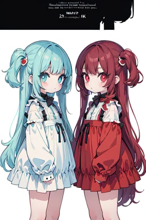 Comparison of twin girls, very cute, equally side by side, horror style, white background with explanatory text, from the illustrated book, (masterpiece, best quality, 8k, ultra-detailed)