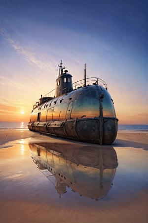 a submarine stranded on a sandy beach, The hull has weathered considerably over the years, The reflection of the sunset is very beautiful, calm sea, fantastic, (masterpiece, best quality, ultra-detailed, very clear)