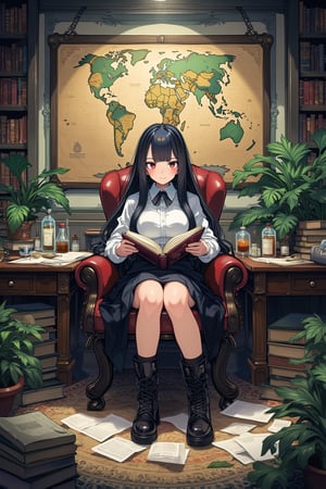 illustration, ink outline, fine detail rendered, color, A cute girl with long black hair is looking at viewer with a smile. She is sitting on a large chair, book in her hands. On the desk are many papers, books, vials and small boxes. On the back wall is a large map of the world. There is a large bookshelf, filled to the brim with natural history books. There are large houseplants of a variety I have never seen before. The floor is carpeted with a wonderful pattern, and many books are stacked and scattered about, white blouse, black skirt, boots, stunningly crafted ornaments, detailed background, fantastic, mysterious, perfect composition, , (masterpiece:1.2), ((best quality, 8k, ultra-detailed, very clear)), perfect anatomy, anatomically correct hands, detailed hair, delicate hair expression, detailed eyes, beautiful face, beautiful eyes, extremely stylish, The most fashionable