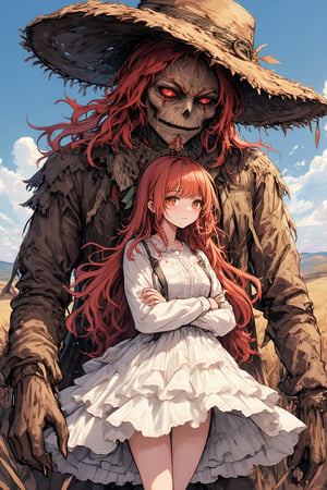 ink outline, fine detail rendered, colorful, dark fantasy, horror style, 1girl, adorable, cute, kawaii, She is standing in front of a creepy scarecrow, scarecrow is holding her from behind, cowboy shot, middle shot, long red hair, sad, white dress, creepy scarecrow wearing tattered clothes and a straw hat, wheat field, blue sky and white clouds, fantastic, mysterious, most fashionable, most stylish, dark background, detailed background, every detail is rendered in superb detail, perfect composition, masterpiece, best quality, 8k, ultra-detailed, very clear, perfect anatomy, anatomically correct hands, beautiful face, beautiful eyes, detailed eyes, beautiful hair, detailed hair, anime