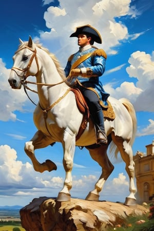 (masterpiece:1.3), perfect anatomy, Baroque style, Wonderful blue sky and white clouds, a man, riding a horse, on horseback, General, triumphal return, ((highest quality, 16k, ultra-detailed, super-realism)), cinematic lighting, Perfect composition,palette knife painting