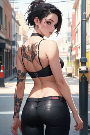 very clear and precise images, 1girl, very beautiful and excellent, back shot, punk fashon, black pants, street, summer, (illustration), (masterpiece:1.3), ((top quality, 8k, ultra-detailed)), (photorealistic:1.4), perfect anatomy, looking at viewer, cinematic angle