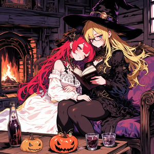 ink outline, fine detail rendered, colorful, horror style, Two witches, adorable, cute, kawaii, The witch in white has very long red hair, red eyes, wearing a long white dress. The witch in black has very long blond hair, wears glasses, blue eyes, a black mini-length dress, black pantyhose. An old log house with a warm fireplace. The white witch is sleeping happily with her head on the lap of the black witch who is sitting on the sofa reading a book. On the wooden table in front of them are a bottle of alcohol, glasses for both of them, and a haunted pumpkin candle. Neither of them is wearing a hat. They look very close and happy. stunning embroidered dress, stunningly crafted jewelry, full body, fantastic, mysterious, most fashionable, most stylish, dark background, detailed background, every detail is rendered in superb detail, perfect composition, masterpiece, best quality, 8k, ultra-detailed, very clear, perfect anatomy, anatomically correct hands, beautiful face, beautiful eyes, detailed eyes, beautiful hair, detailed hair