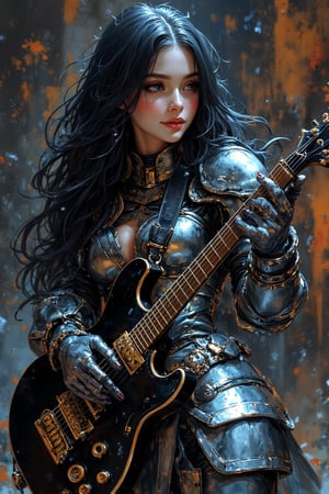 ink outline, fine detail rendered, colorful, dark fantasy, horror style, A beautiful woman with very long black hair. She wears very elaborate and luxuriously constructed silver metallic medieval plate armor. She is smiling but looks very cold. She is playing a black electric guitar, She has no weapons. live music club lighting. most fashionable, most stylish, dark background, detailed background, every detail is rendered in superb detail, perfect composition, masterpiece, best quality, 8k, ultra-detailed, very clear, perfect anatomy, anatomically correct hands, beautiful face, beautiful eyes, detailed eyes, beautiful hair, detailed hair, fantasy girl